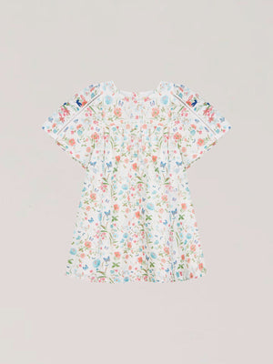 BUTTERFLY PRINT DRESS WITH TWISTED SLEEVES IN BLUE MULTICOLOR