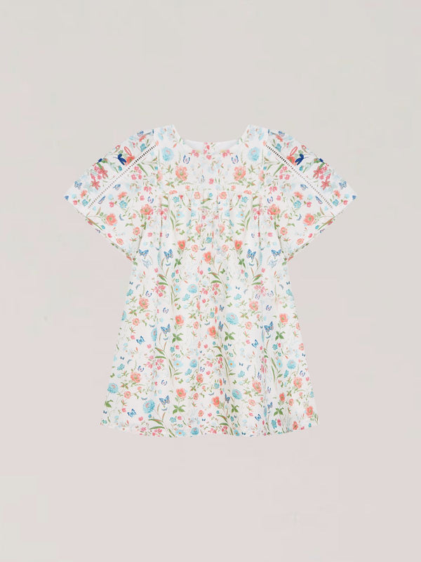 BUTTERFLY PRINT DRESS WITH TWISTED SLEEVES IN BLUE MULTICOLOR