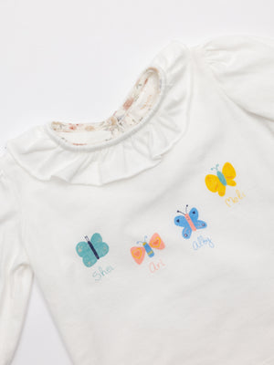 Camiseta cuello volante mariposas piping Liberty nata