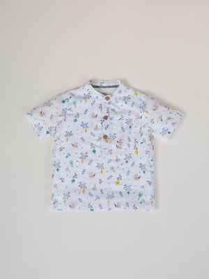 CAMISA CUELLO PANADERO TEJIDO ESTRUCTURA ESTAMPADO RASTRILLO NATA