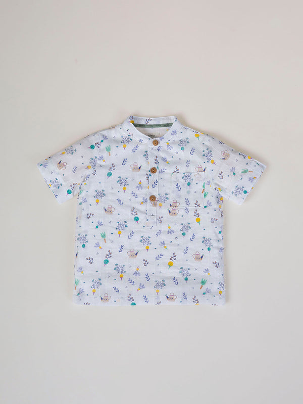 CAMISA CUELLO PANADERO TEJIDO ESTRUCTURA ESTAMPADO RASTRILLO NATA