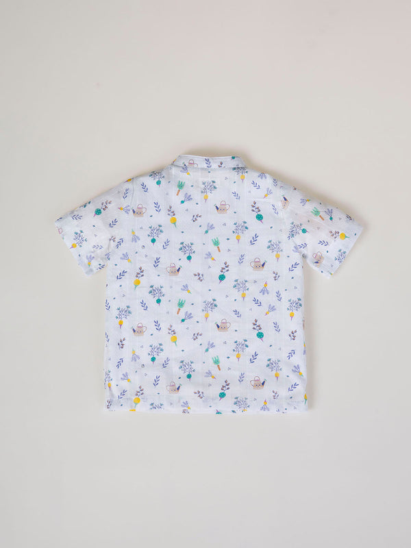 CAMISA CUELLO PANADERO TEJIDO ESTRUCTURA ESTAMPADO RASTRILLO NATA