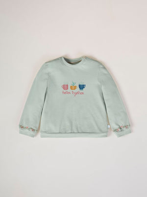 SWEATSHIRT WITH EMBROIDERED FLOWERS AND LIGHT GREEN CUFFS