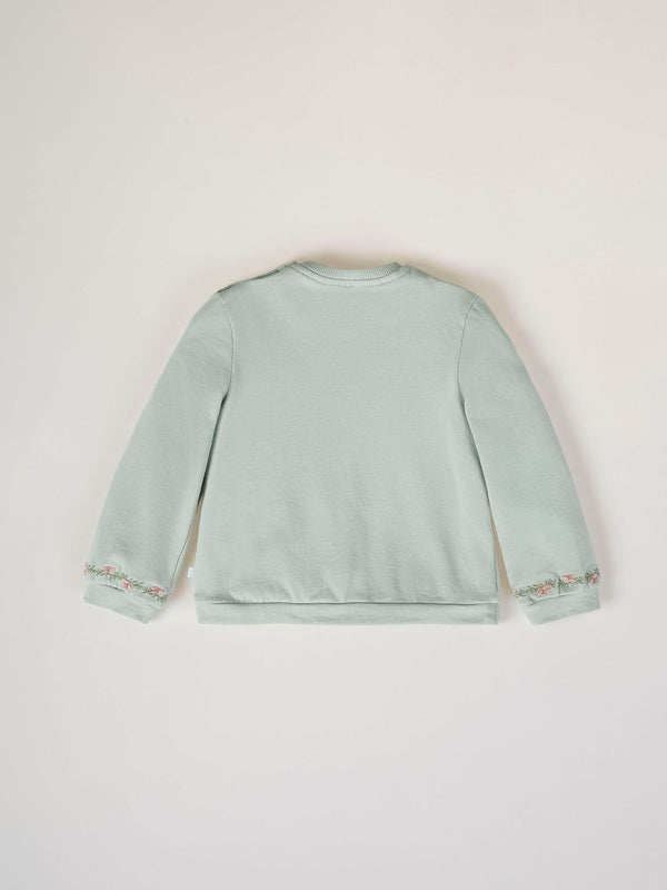 SWEATSHIRT WITH EMBROIDERED FLOWERS AND LIGHT GREEN CUFFS
