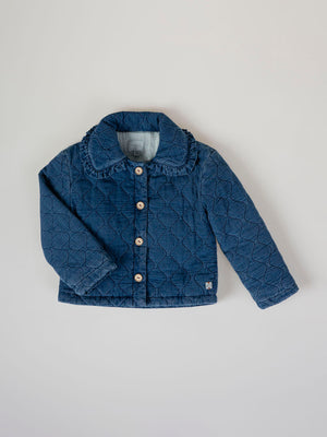 MEDIUM BLUE MAXI DENIM PADDED JACKET WITH RUFFLE COLLAR