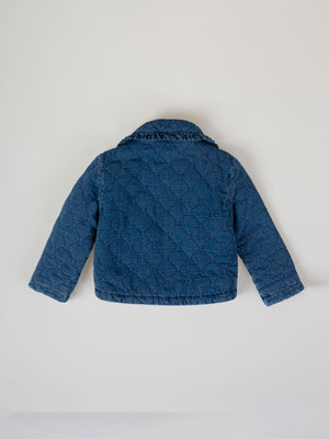 MEDIUM BLUE MAXI DENIM PADDED JACKET WITH RUFFLE COLLAR