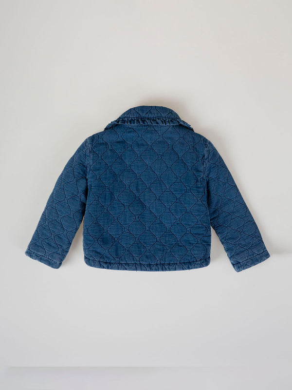 MEDIUM BLUE MAXI DENIM PADDED JACKET WITH RUFFLE COLLAR