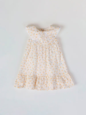 PEACH PRINT PLUMETIS DRESS WITH TWO PEACH RUFFLES