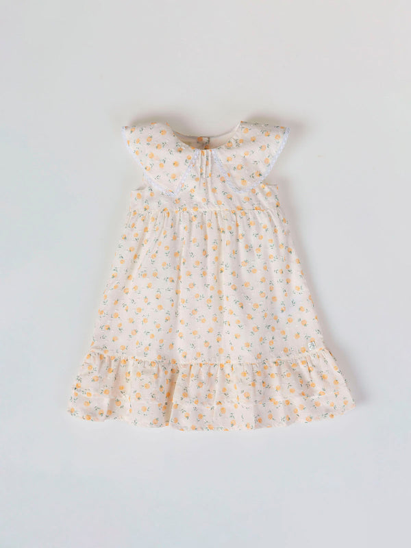 PEACH PRINT PLUMETIS DRESS WITH TWO PEACH RUFFLES