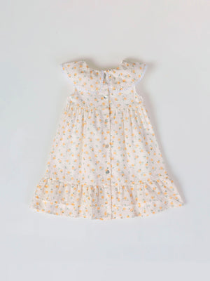 PEACH PRINT PLUMETIS DRESS WITH TWO PEACH RUFFLES
