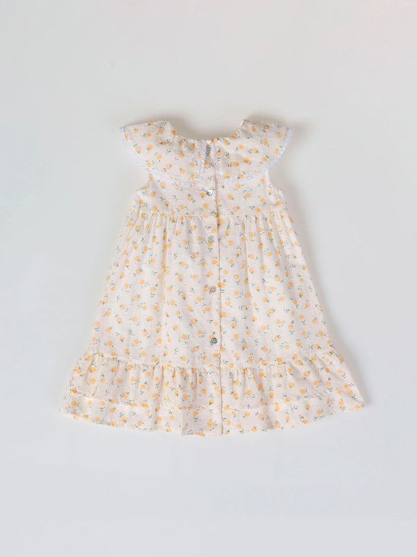 PEACH PRINT PLUMETIS DRESS WITH TWO PEACH RUFFLES