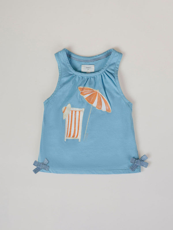 LIGHT BLUE UMBRELLA AND BOWS ARMHOLE SLEEVE T-SHIRT
