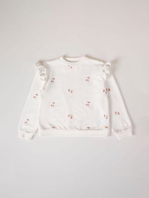 SWEATSHIRT WITH EMBROIDERED FLOWER RUFFLES AND BEIGE SLEEVES