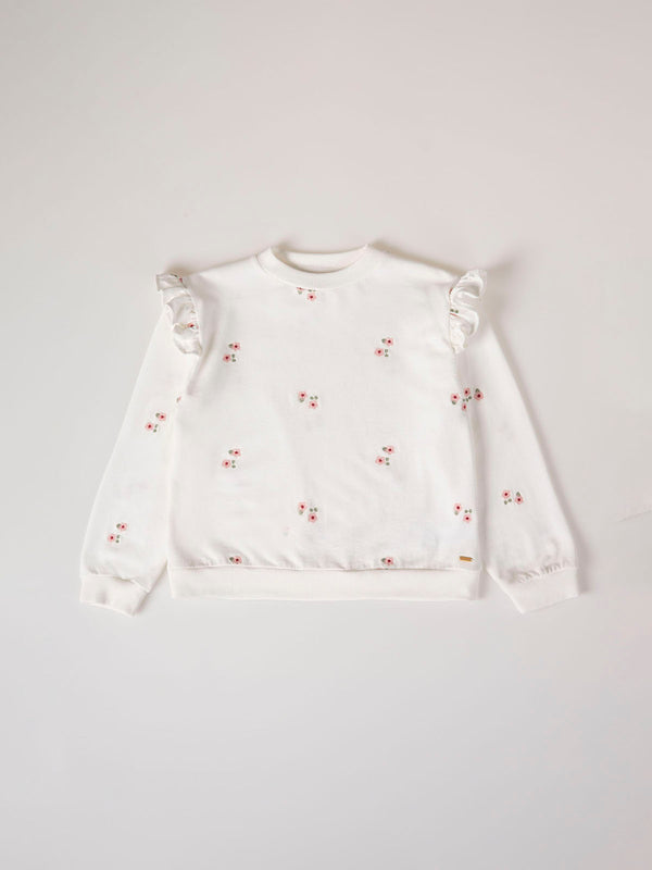 SWEATSHIRT WITH EMBROIDERED FLOWER RUFFLES AND BEIGE SLEEVES
