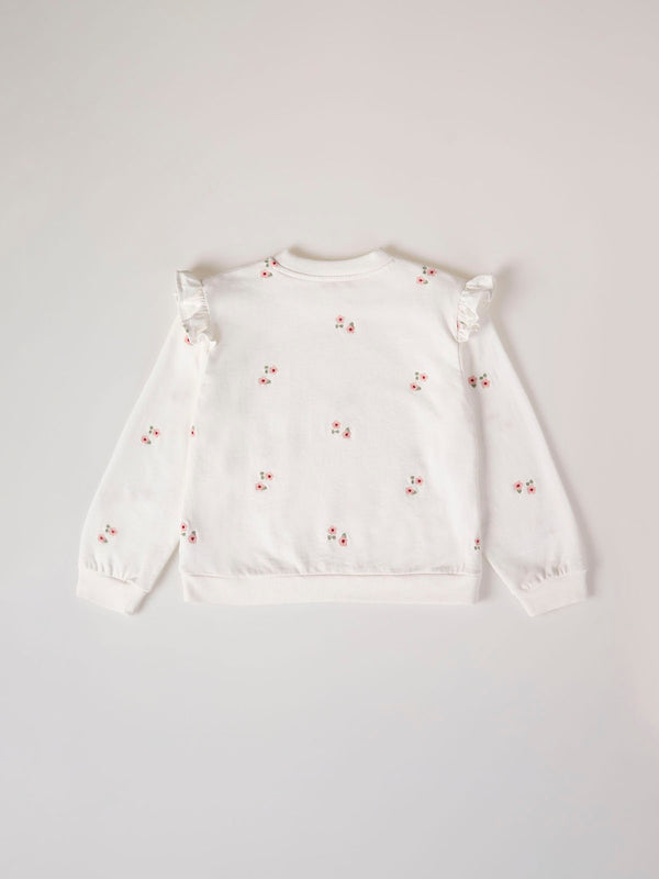 SWEATSHIRT WITH EMBROIDERED FLOWER RUFFLES AND BEIGE SLEEVES