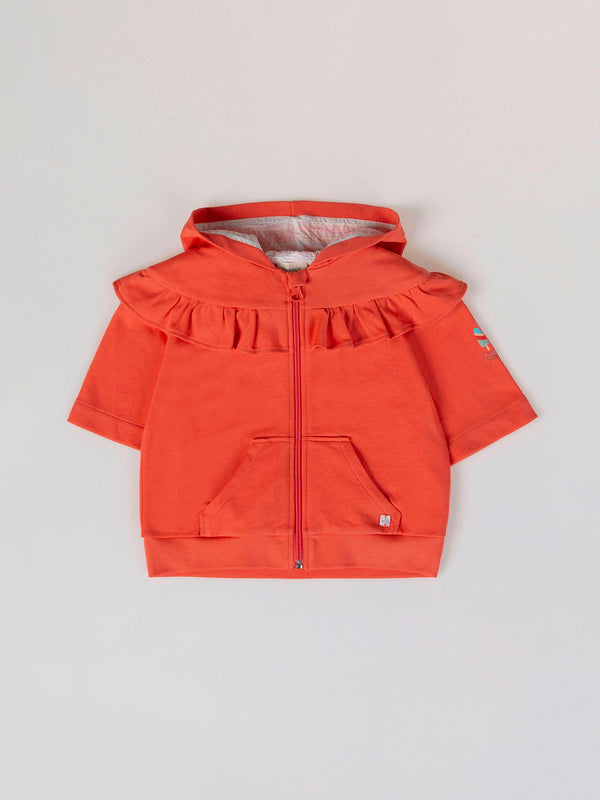 CORAL RUFFLE ELBOW SLEEVE HOODED SWEATSHIRT