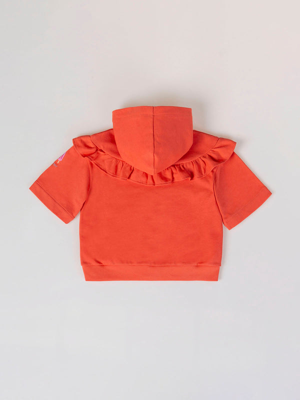 CORAL RUFFLE ELBOW SLEEVE HOODED SWEATSHIRT