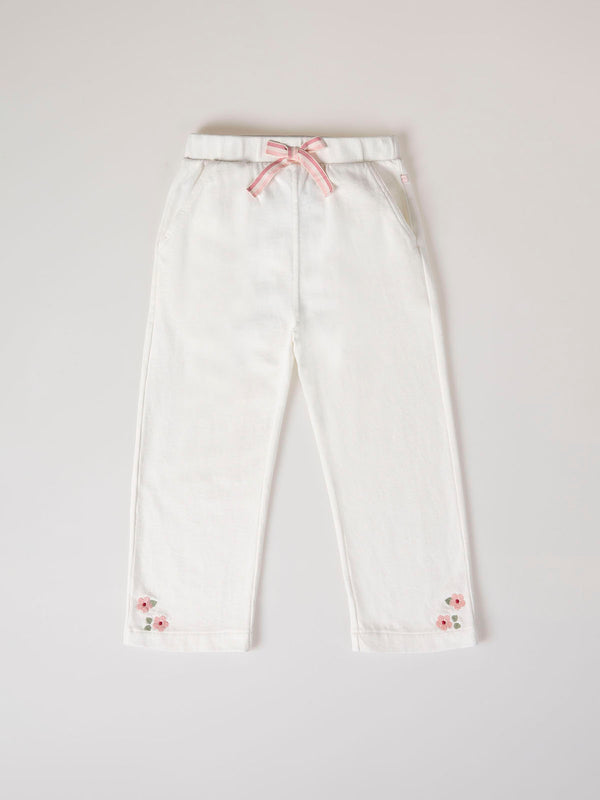 BEIGE LEG EMBROIDERED PLUSH PANTS