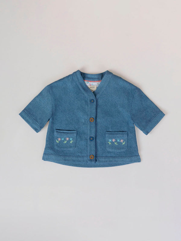 LIGHT BLUE EMBROIDERED ELBOW SLEEVE DENIM JACKET