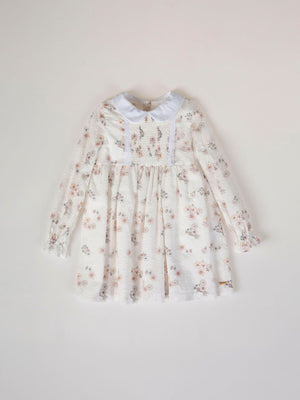 CREAM FLOWER PRINT EMBROIDERED NECK DRESS