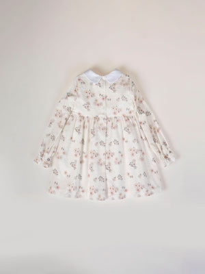 CREAM FLOWER PRINT EMBROIDERED NECK DRESS