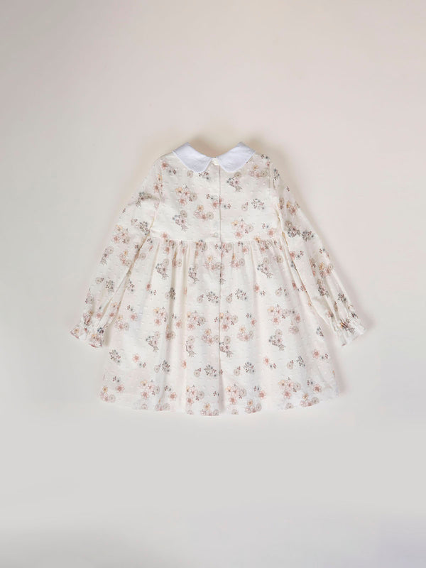 CREAM FLOWER PRINT EMBROIDERED NECK DRESS