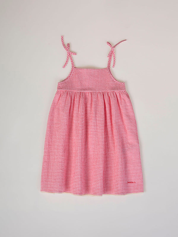 STRAWBERRY CHECK SEERSUCKER STRAP DRESS