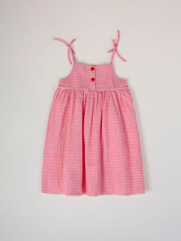 STRAWBERRY CHECK SEERSUCKER STRAP DRESS
