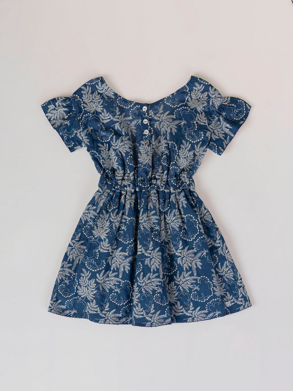 MEDIUM BLUE EMBROIDERED DRESS WITH BACK NECKLINE