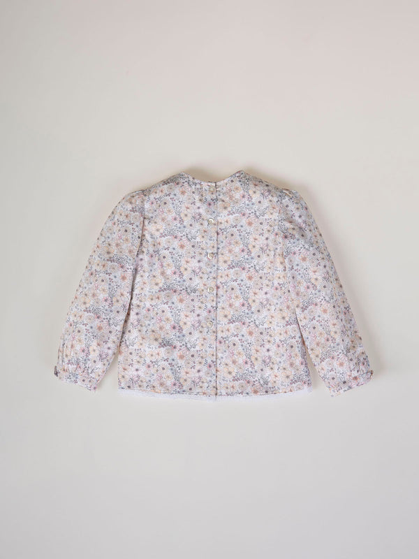 LONG SLEEVE BLOUSE WITH FLOWER PRINT AND PINK CHEST EMBROIDERY