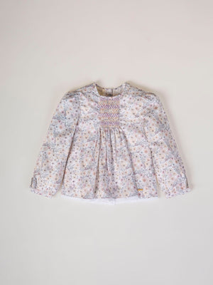 LONG SLEEVE BLOUSE WITH FLOWER PRINT AND PINK CHEST EMBROIDERY