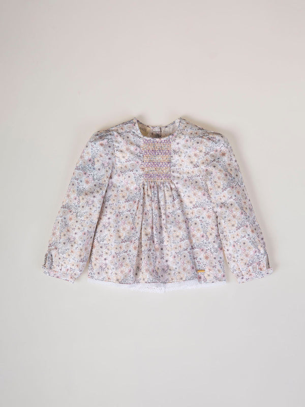 LONG SLEEVE BLOUSE WITH FLOWER PRINT AND PINK CHEST EMBROIDERY