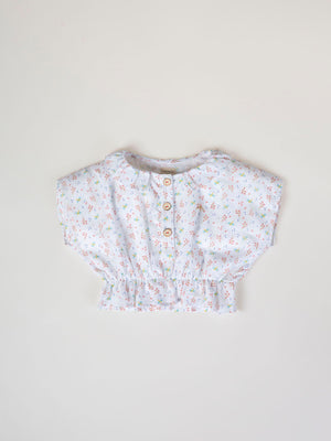 FANTASY FABRIC BLOUSE WITH RUFFLE ON NECK, STRUCTURED CREAM DRAGONFLY PRINT