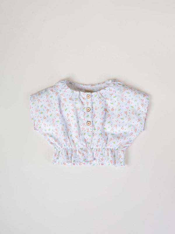 FANTASY FABRIC BLOUSE WITH RUFFLE ON NECK, STRUCTURED CREAM DRAGONFLY PRINT