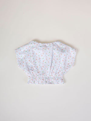 FANTASY FABRIC BLOUSE WITH RUFFLE ON NECK, STRUCTURED CREAM DRAGONFLY PRINT