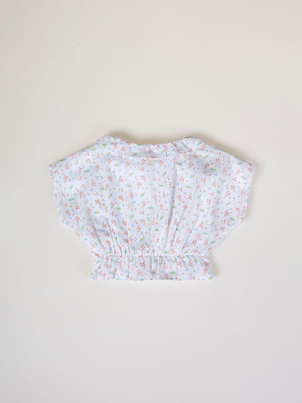 FANTASY FABRIC BLOUSE WITH RUFFLE ON NECK, STRUCTURED CREAM DRAGONFLY PRINT