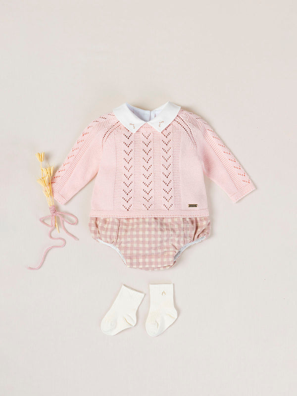 LIGHT PINK OPENWORK LINKS RAGLAN SLEEVE KNITTED JERSEY