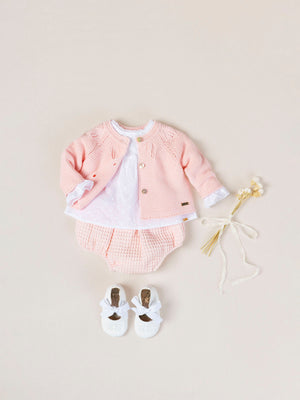 OPENWORK KNITTED CARDIGAN WITH LIGHT PINK COLLAR