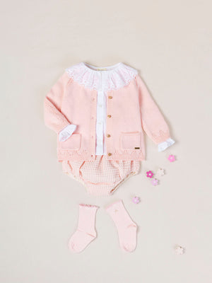 OPENWORK KNITTED CARDIGAN WITH PINK EMBROIDERY SLEEVES