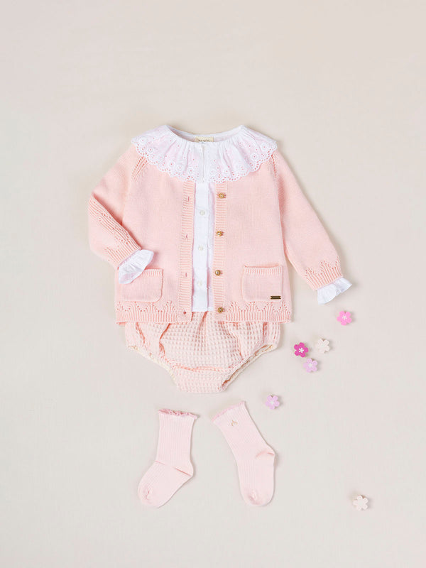 OPENWORK KNITTED CARDIGAN WITH PINK EMBROIDERY SLEEVES