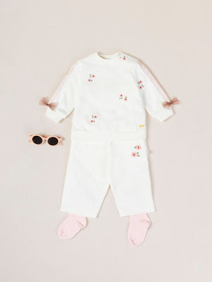 SWEATSHIRT WITH EMBROIDERY FLOWER AND APPLE BOW BEIGE