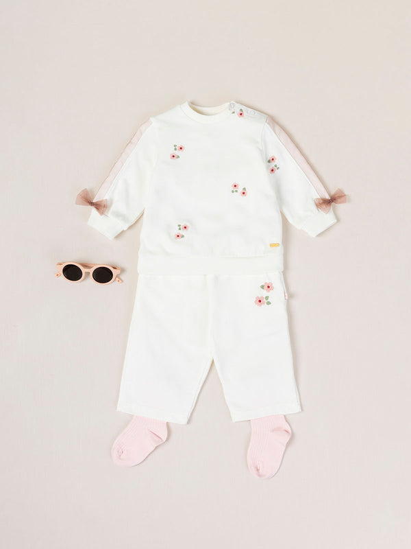 BEIGE FLOWER EMBROIDERED PLUSH PANTS