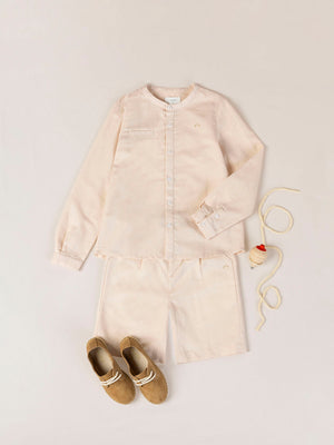 BEIGE LINEN AND COTTON SHIRT WITH MAO COLLAR