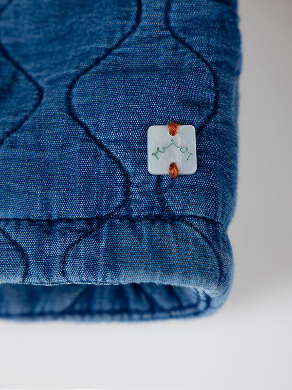 MEDIUM BLUE MAXI DENIM PADDED JACKET WITH RUFFLE COLLAR