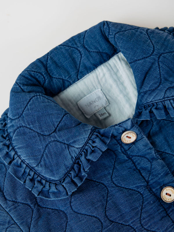 MEDIUM BLUE MAXI DENIM PADDED JACKET WITH RUFFLE COLLAR