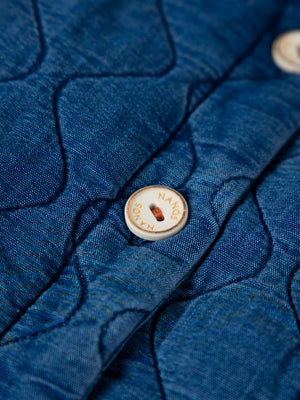 MEDIUM BLUE MAXI DENIM PADDED JACKET WITH RUFFLE COLLAR