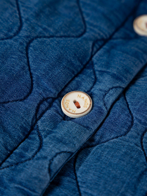 MEDIUM BLUE MAXI DENIM PADDED JACKET WITH RUFFLE COLLAR