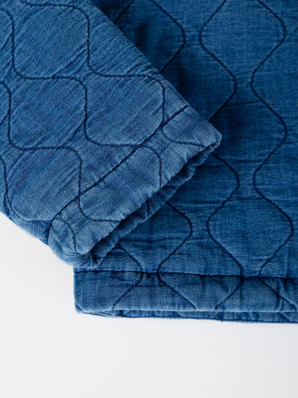 MEDIUM BLUE MAXI DENIM PADDED JACKET WITH RUFFLE COLLAR