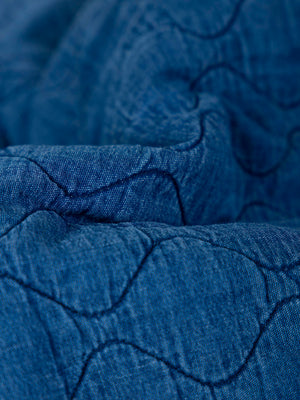 MEDIUM BLUE MAXI DENIM PADDED JACKET WITH RUFFLE COLLAR