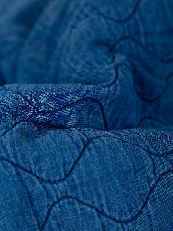 MEDIUM BLUE MAXI DENIM PADDED JACKET WITH RUFFLE COLLAR